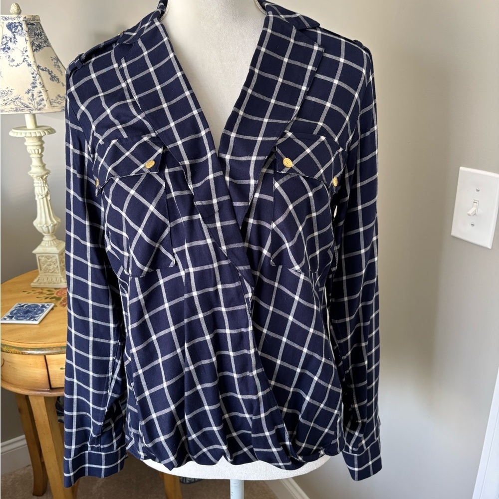 Michael Kors faux wrap long sleeve navy & light cream blouse